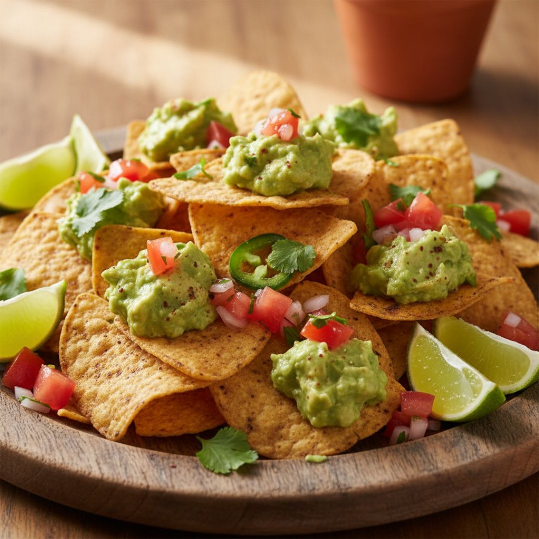 golden corn tortilla chips topped with dollops of creamy chipotle‑lime mashed avocado and bright pico de gallo, garnished with coriander leaves and lime wedges.