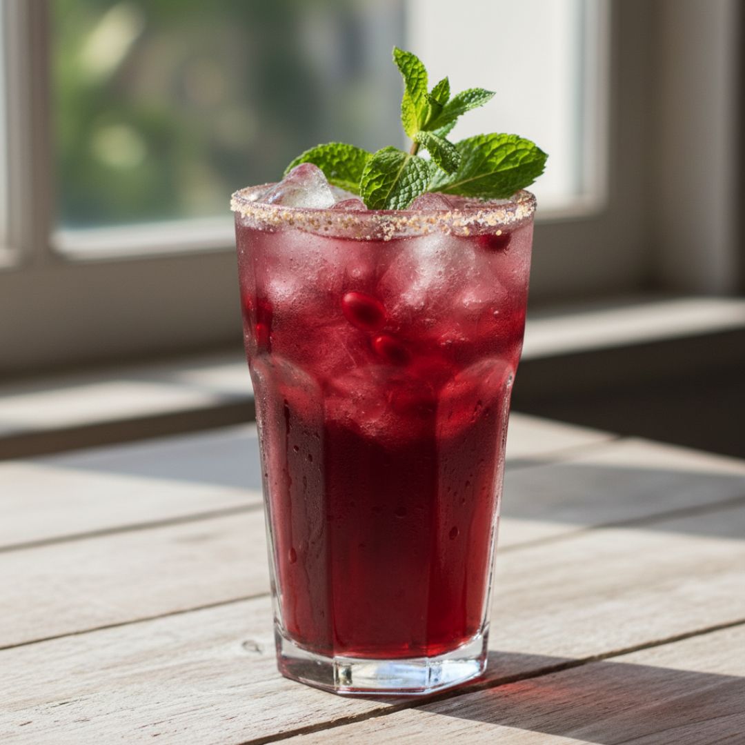 A tall glass of deep red pomegranate sharbat with ice, a sprig of fresh mint, a scattering of crushed cardamom pods on the rim.