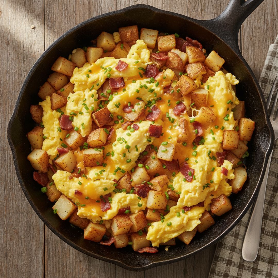 User Top-down view of a single cast-iron skillet containing a one-pan American breakfast scramble: golden diced potatoes, crispy bacon pieces, fluffy scrambled eggs folded with melted cheddar.