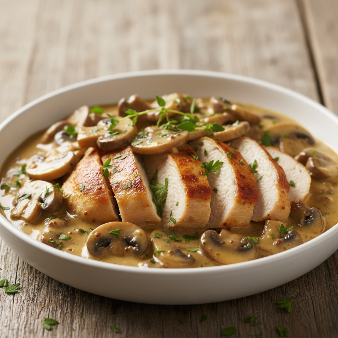 Sliced golden-brown chicken in a velvety cream and Dijon mustard sauce with sautéed mushrooms and fresh thyme, served in a shallow white bowl on a rustic wooden table.