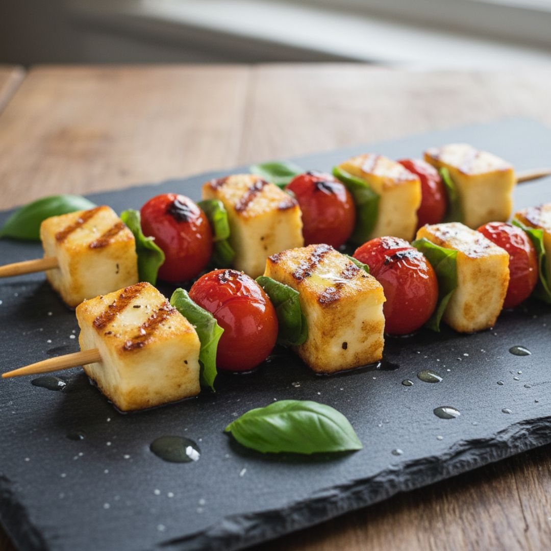 Skewered golden, crispy halloumi cubes with blistered cherry tomatoes and fresh basil leaves on a slate board, lightly drizzled with olive oil and lemon.