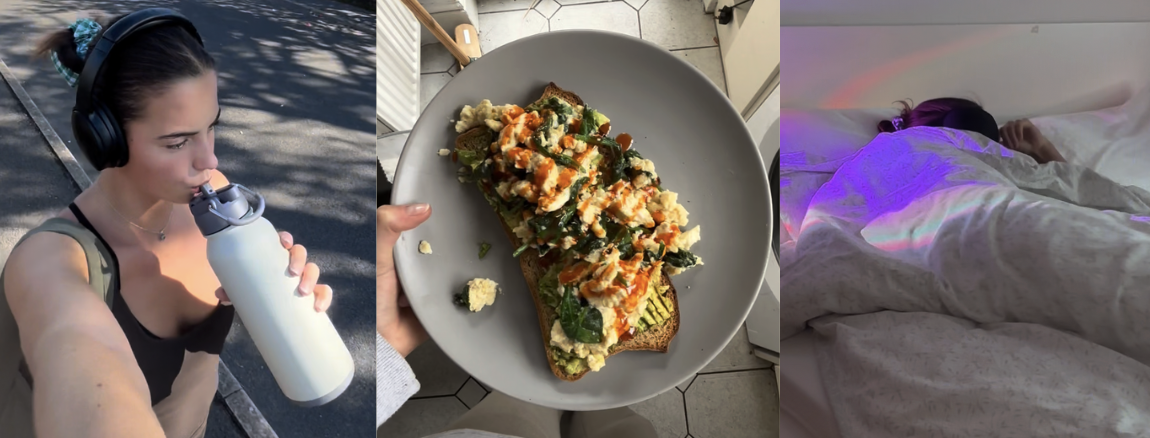 Hyrdate, Eat, Sleep 3 images. Left to right: an image of a girl drinking from a water bottle, an image of a plate of healthy toast with avocado and eggs, an image of a girl in bed sleeping.