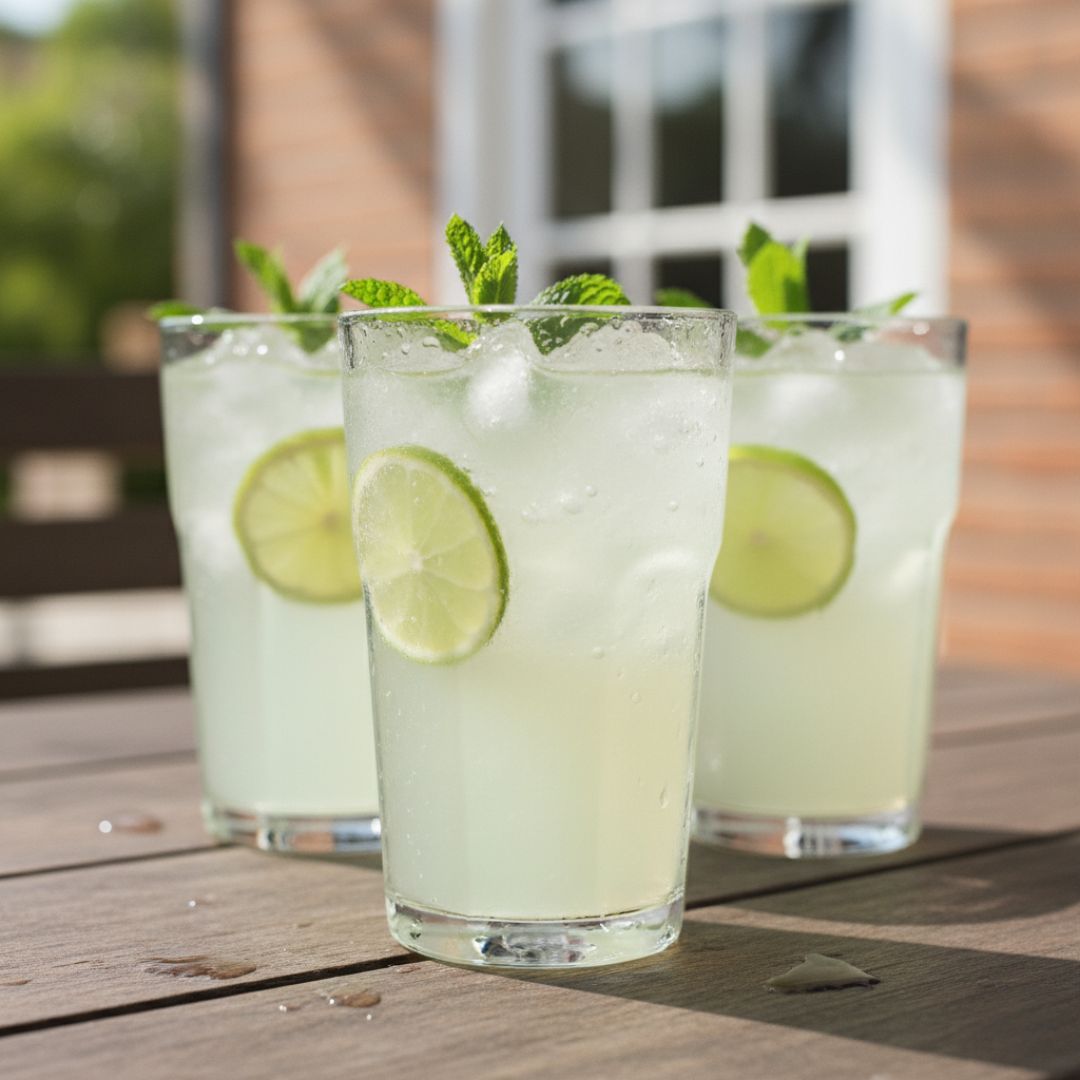 Glasses of pale green Brazilian limeade mocktail on a wooden table, filled with crushed ice, lime slices and mint sprigs.