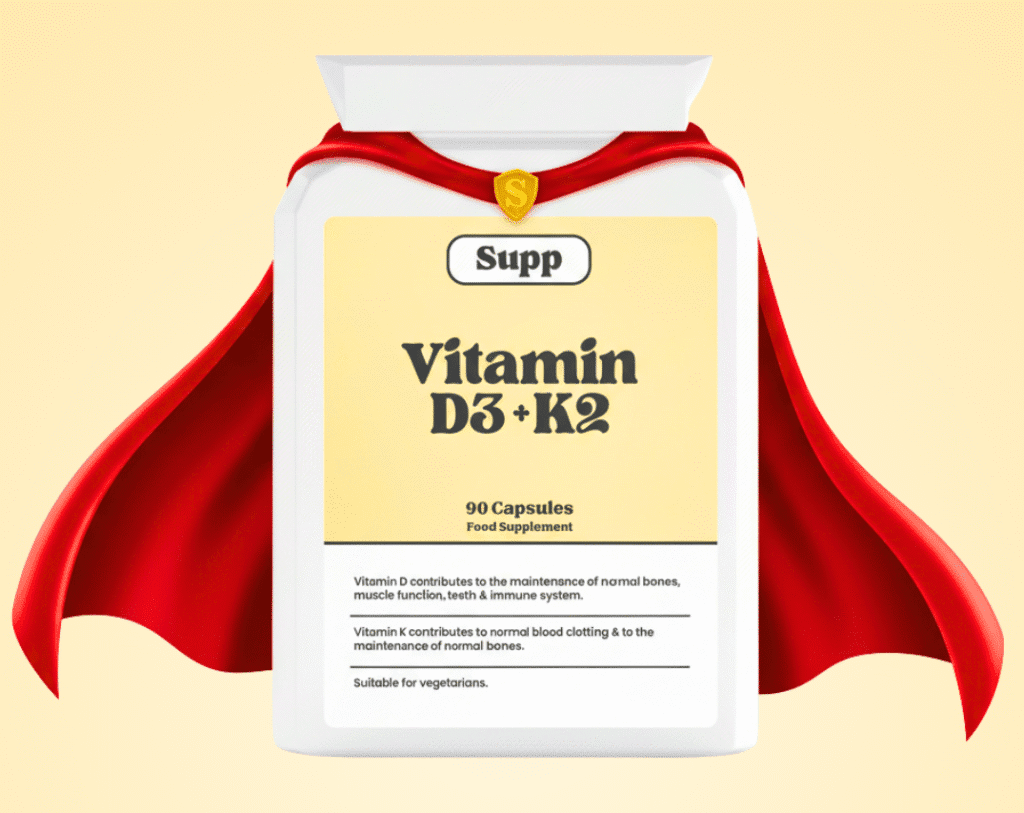 Supp's vitamin D3 & K2 supplement with a red cape on, symbolising it as an unsung hero.