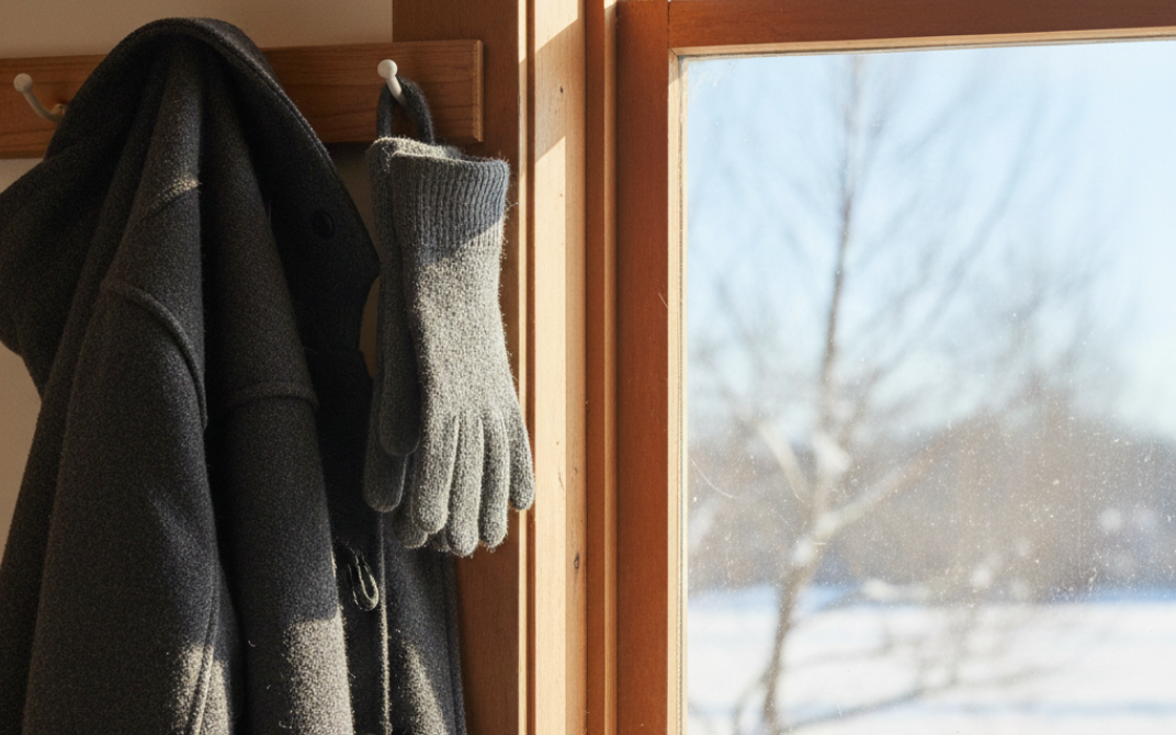 Winter coat and gloves hung up next to a window looking out to snow and trees with no leaves with low winter sun shining.