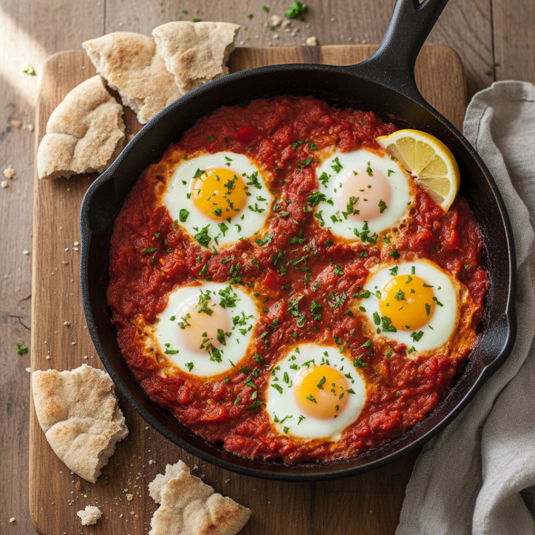 A cast-iron pan with shakshuka: vibrant tomato and red-pepper sauce, six gently poached eggs, chopped parsley sprinkled on top, lemon wedge at the rim and torn wholemeal pitta