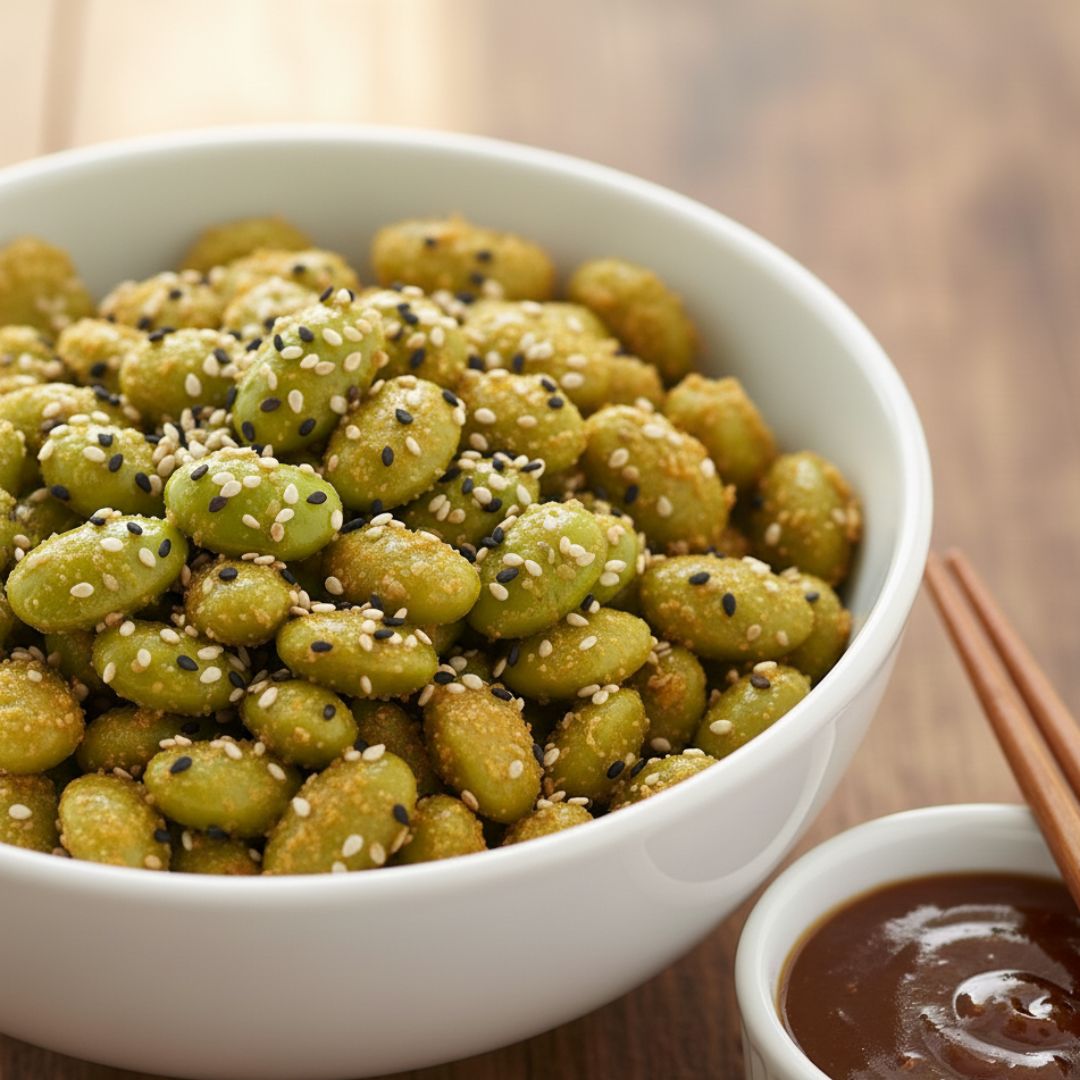 A bowl of golden green, oven-crisp edamame beans glazed with shiny miso-soy-sesame sauce, sprinkled with sesame seeds.