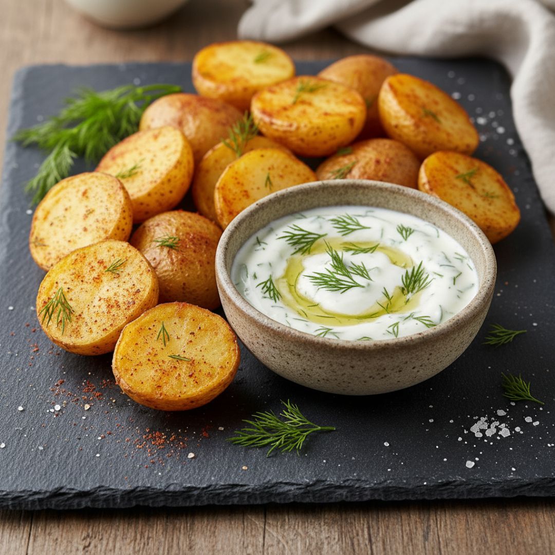 Golden, crunchy paprika-coated potato bites arranged on a slate board with a small white bowl of creamy dill-yoghurt dip.