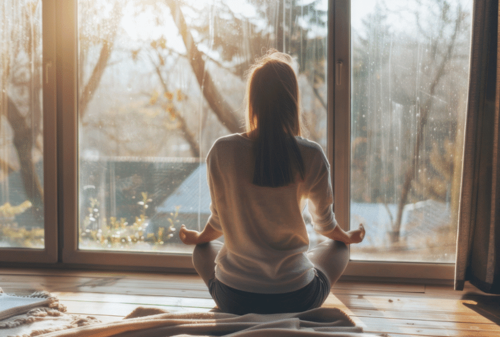 Woman reducing stress through deep breathing and mindfulness, sitting in a relaxed meditation pose by the window.