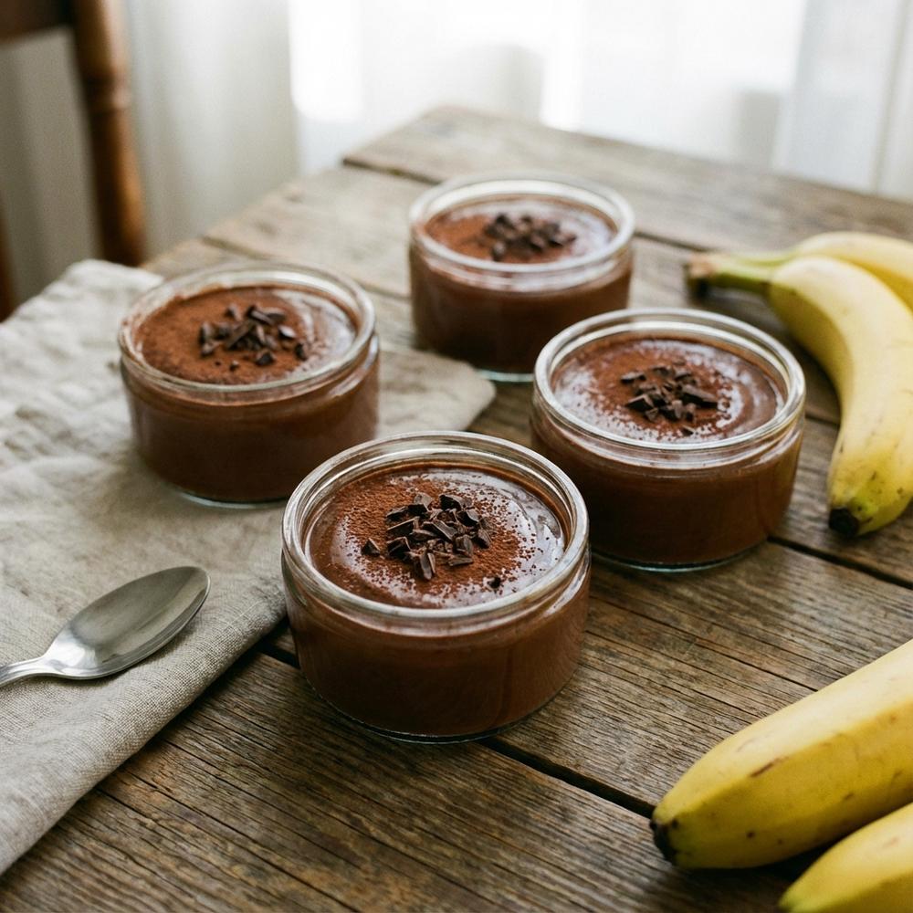 Four small glass pots of silky dark cocoa-banana mousse, smooth glossy surface, dusted with cocoa powder and a few chopped dark chocolate pieces, natural soft daylight on a wooden table