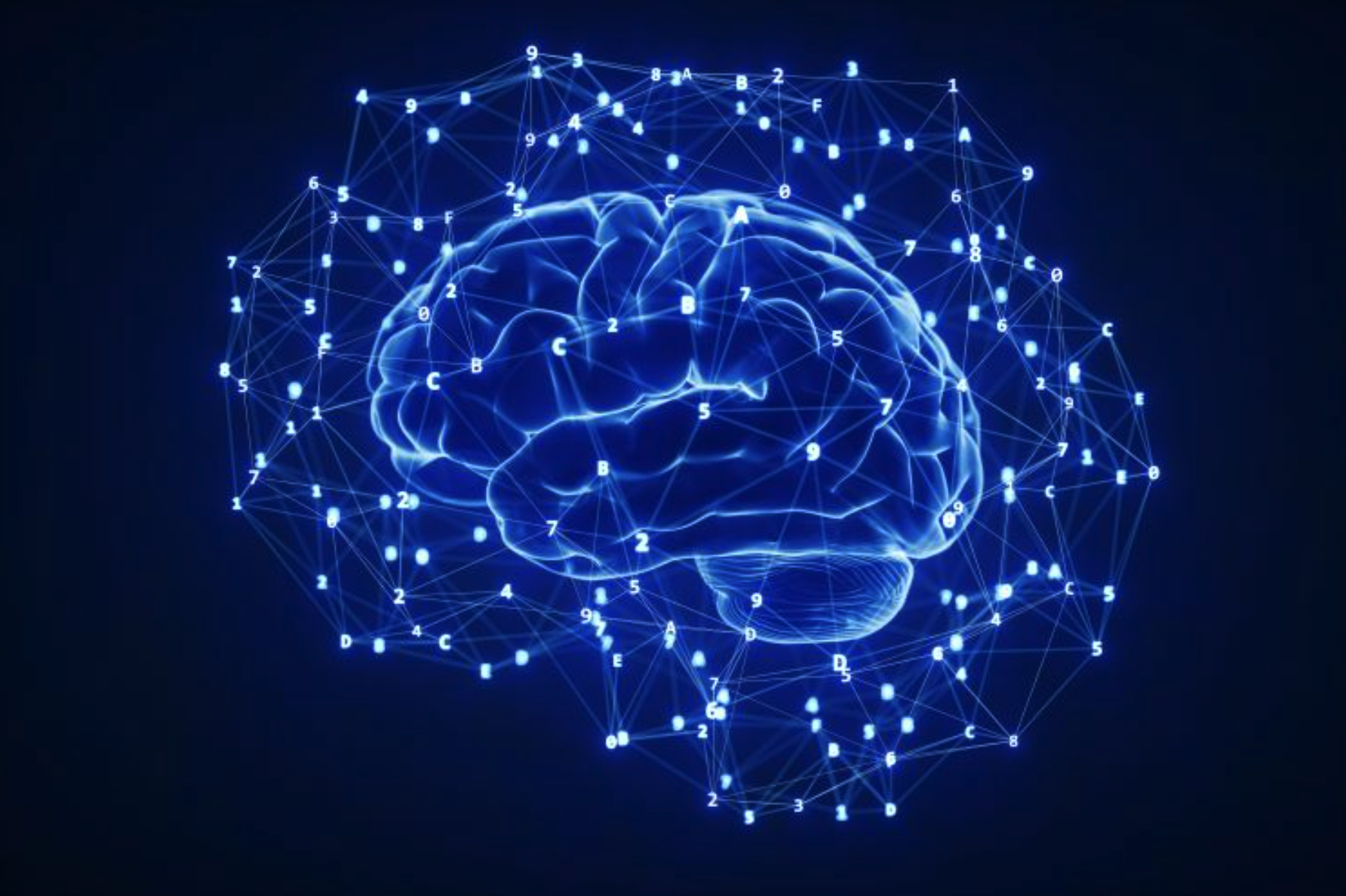 Glowing blue brain surrounded by a network of connected nodes, lines, and dots on a dark background.