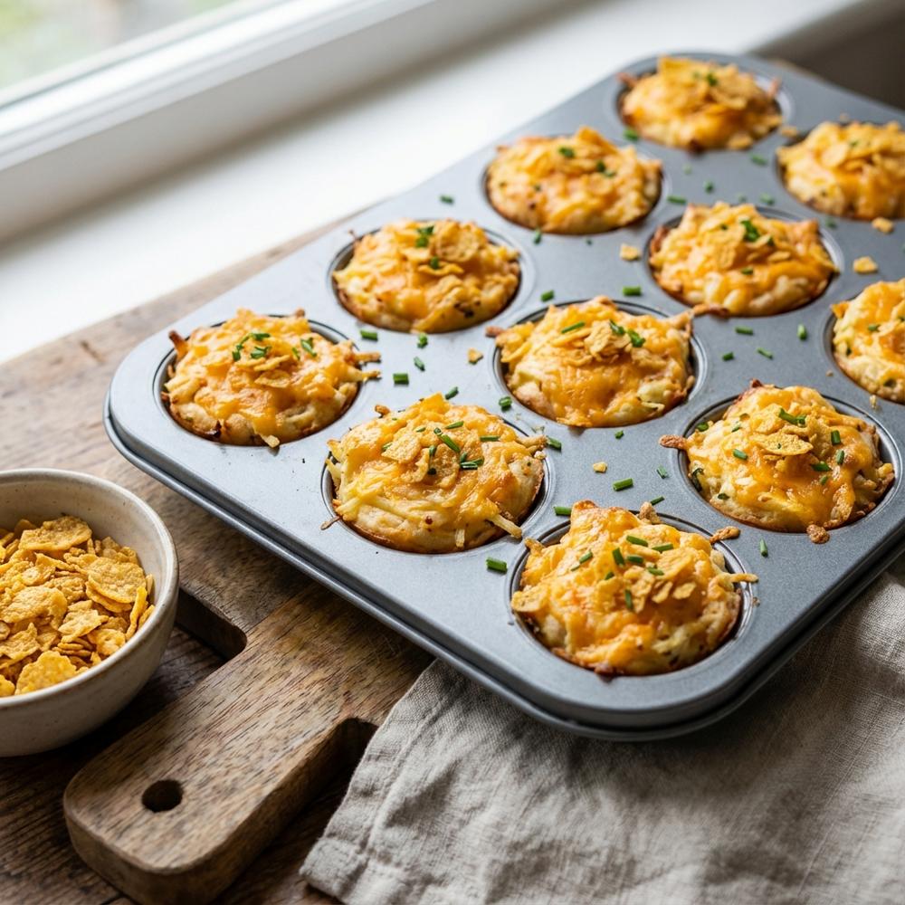 Photorealistic close-up of golden mini savoury cups in a grey non-stick mini muffin tin, each cup showing melted cheddar and grated parsnip with a crunchy crushed cornflake topping, scattered chopped chives on top, served on a wooden board with a small bowl of extra crushed cornflakes and a linen napkin in soft natural light