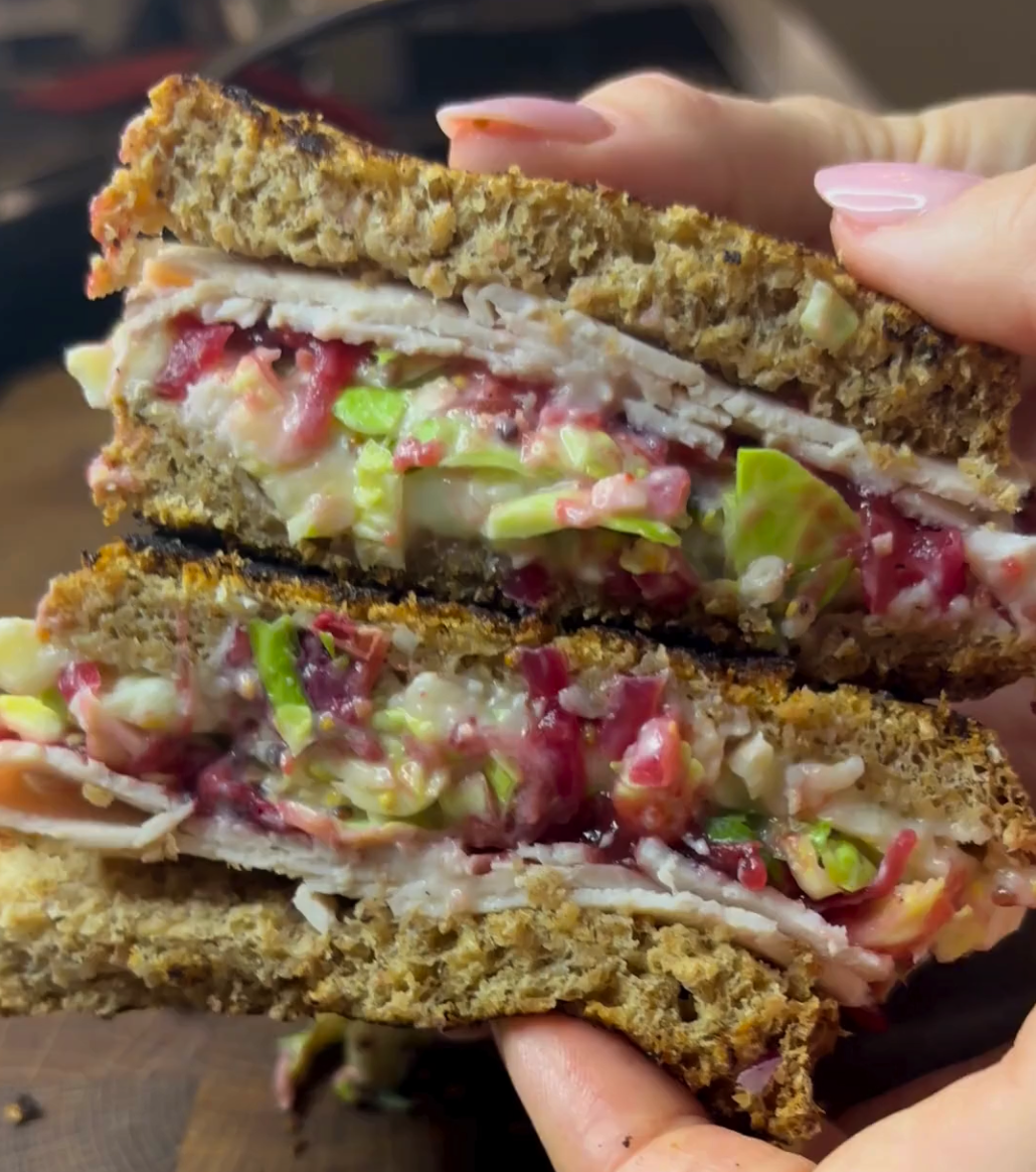 A festive Christmas toastie made with turkey, brie, crispy pancetta, Brussels sprout slaw and cranberry sauce.