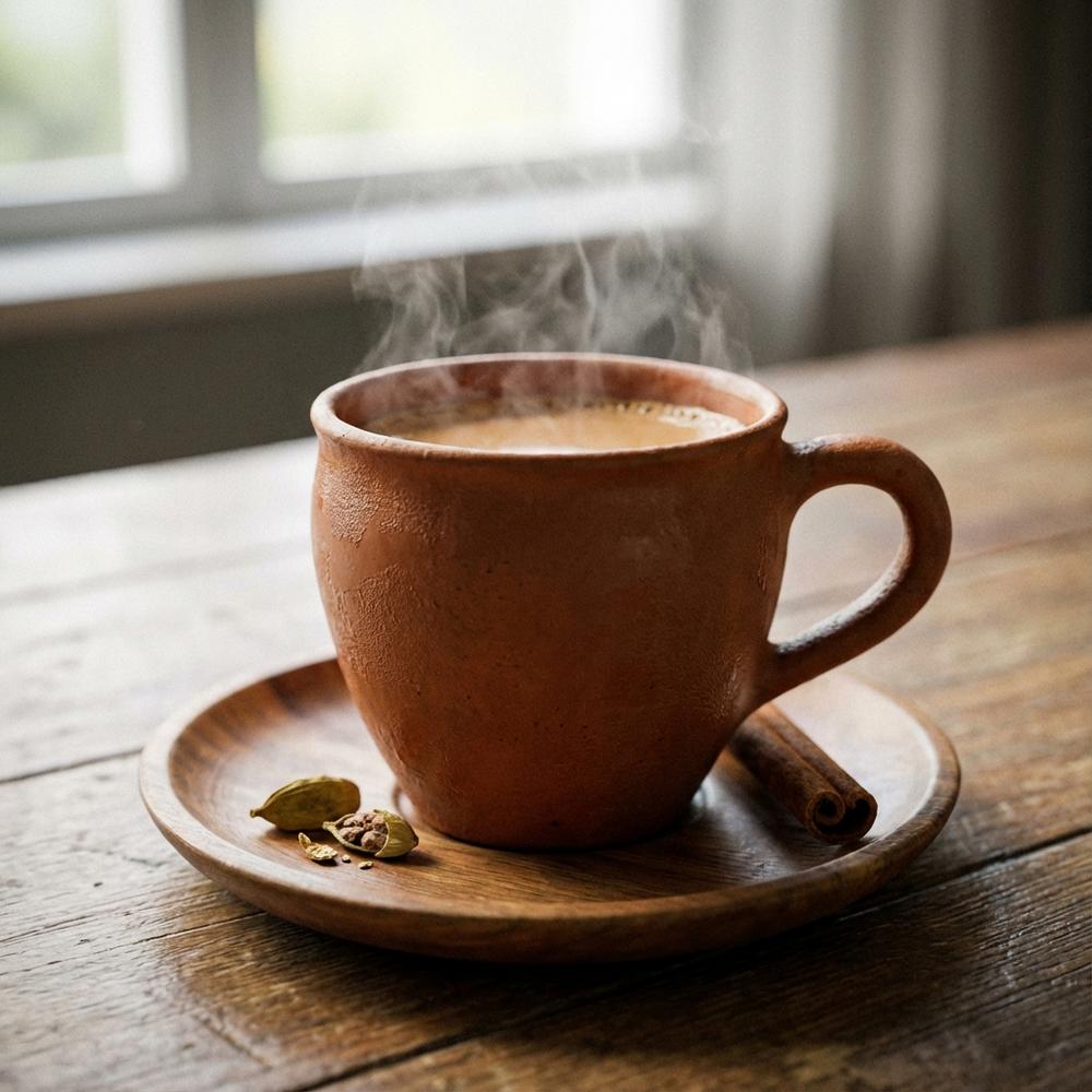 Close-up photorealistic image of a steaming cup of Indian masala chai in a small earthenware cup on a wooden saucer, garnished with a crushed cardamom pod and a cinnamon stick beside it, soft natural light, shallow depth of field