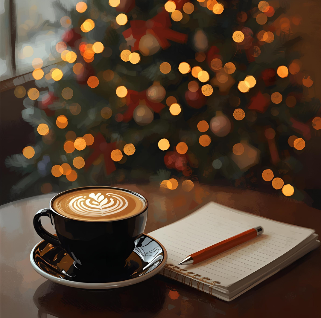 A coffee and note book and pen on a table in front of a christmas tree blurred in the background with warm lights.