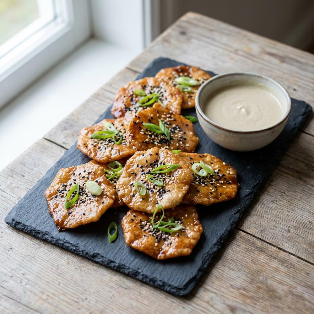 Crispy-Soy-Ginger-Rice-Crackers-with-Sesame-Dip Photorealistic single-dish overhead shot of glossy soy-ginger glazed rice crackers arranged on a slate board with a small bowl of creamy sesame (tahini) dip, sprinkled sesame seeds and sliced spring onion, soft natural light, shallow depth of field