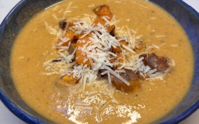Tomato & Lentil Soup with Sweet Potato & Parmesan Croutons