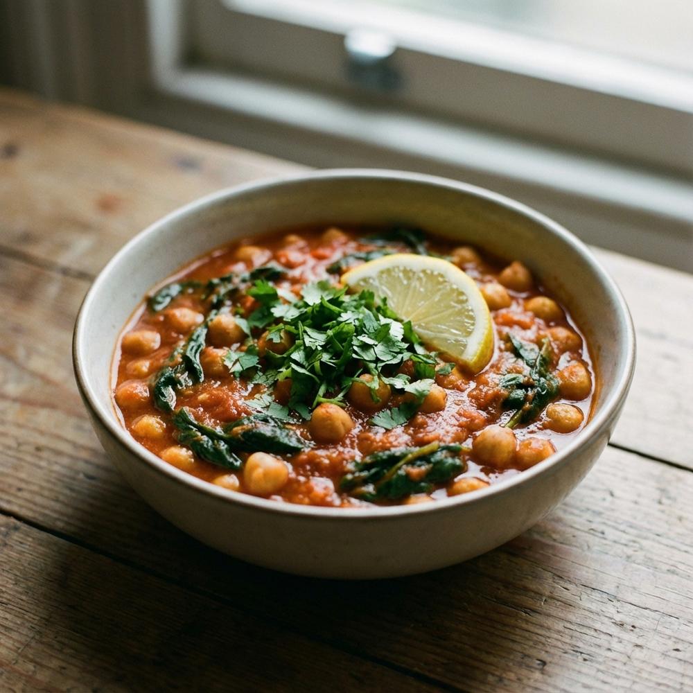 Close-up photorealistic shot of a single bowl of chickpea and spinach curry, rich tomato-based sauce with visible chickpeas and wilted spinach, garnished with chopped coriander and a lemon wedge, soft natural daylight, shallow depth of field, wooden table surface