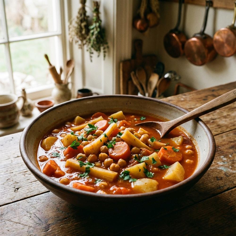 A deep rustic bowl of velvety chickpea and root vegetable stew with chunky carrots, parsnip and potato in a glossy tomato-broth, scattered parsley on top, wooden spoon at the side, warm kitchen background, natural light