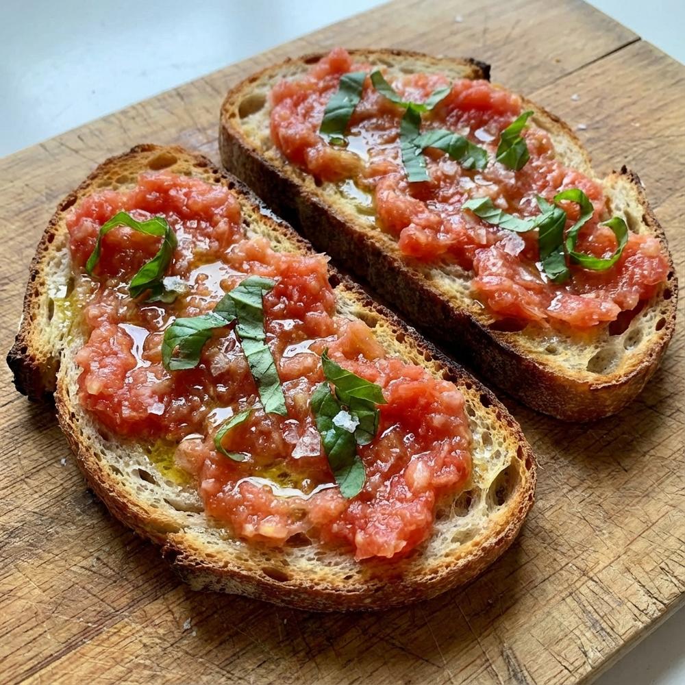Pan-con-Tomate-Spanish-Tomato-Toast Close-up photorealistic shot of pan con tomate: slices of toasted sourdough topped with grated ripe tomato, a drizzle of olive oil, scattered sea salt and basil, on a simple rustic board