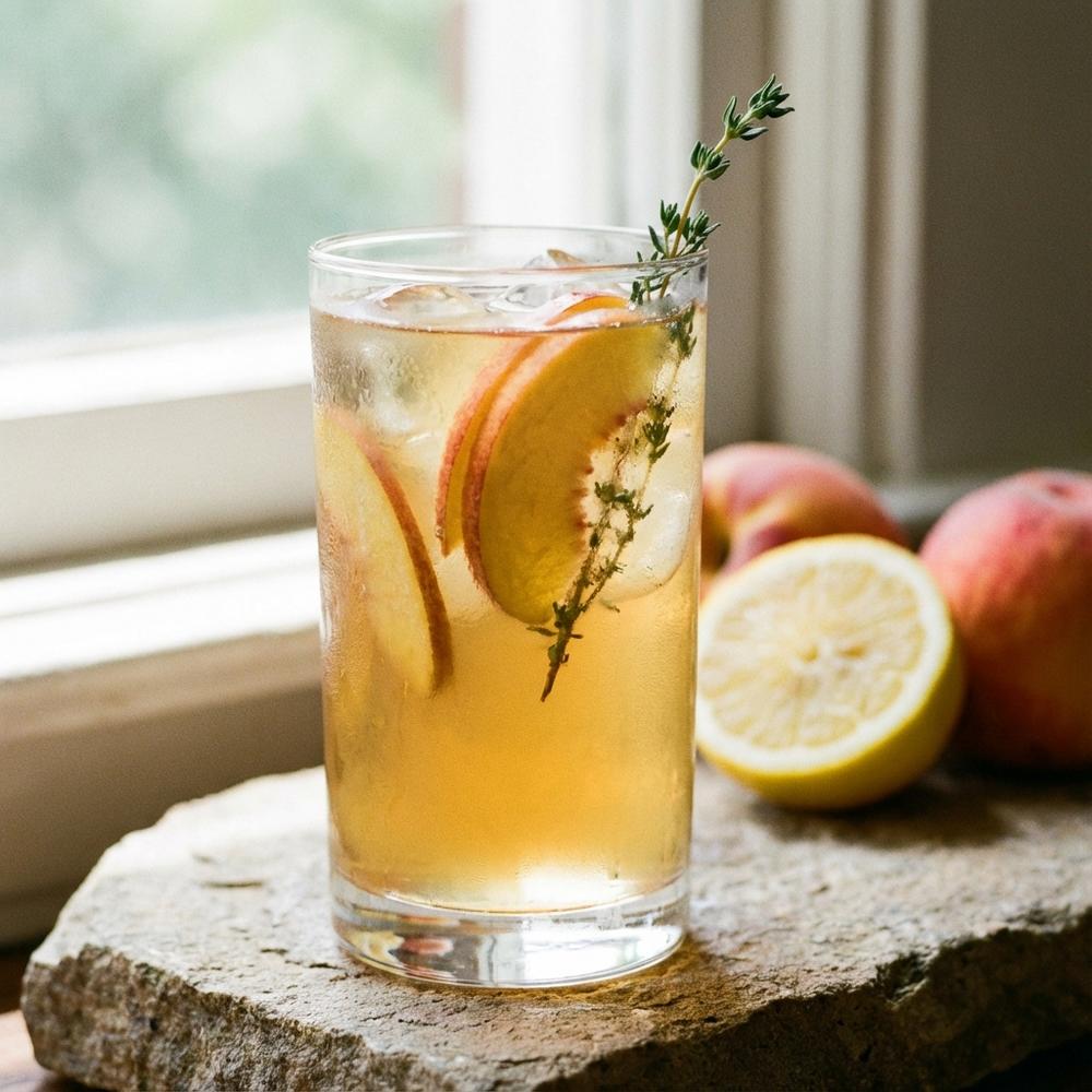 A tall glass of pale amber iced tea with thin peach slices and a sprig of thyme, condensation on the glass, ice cubes visible, served on a rustic stone surface with a halved lemon and whole peaches blurred in the background, soft natural window light