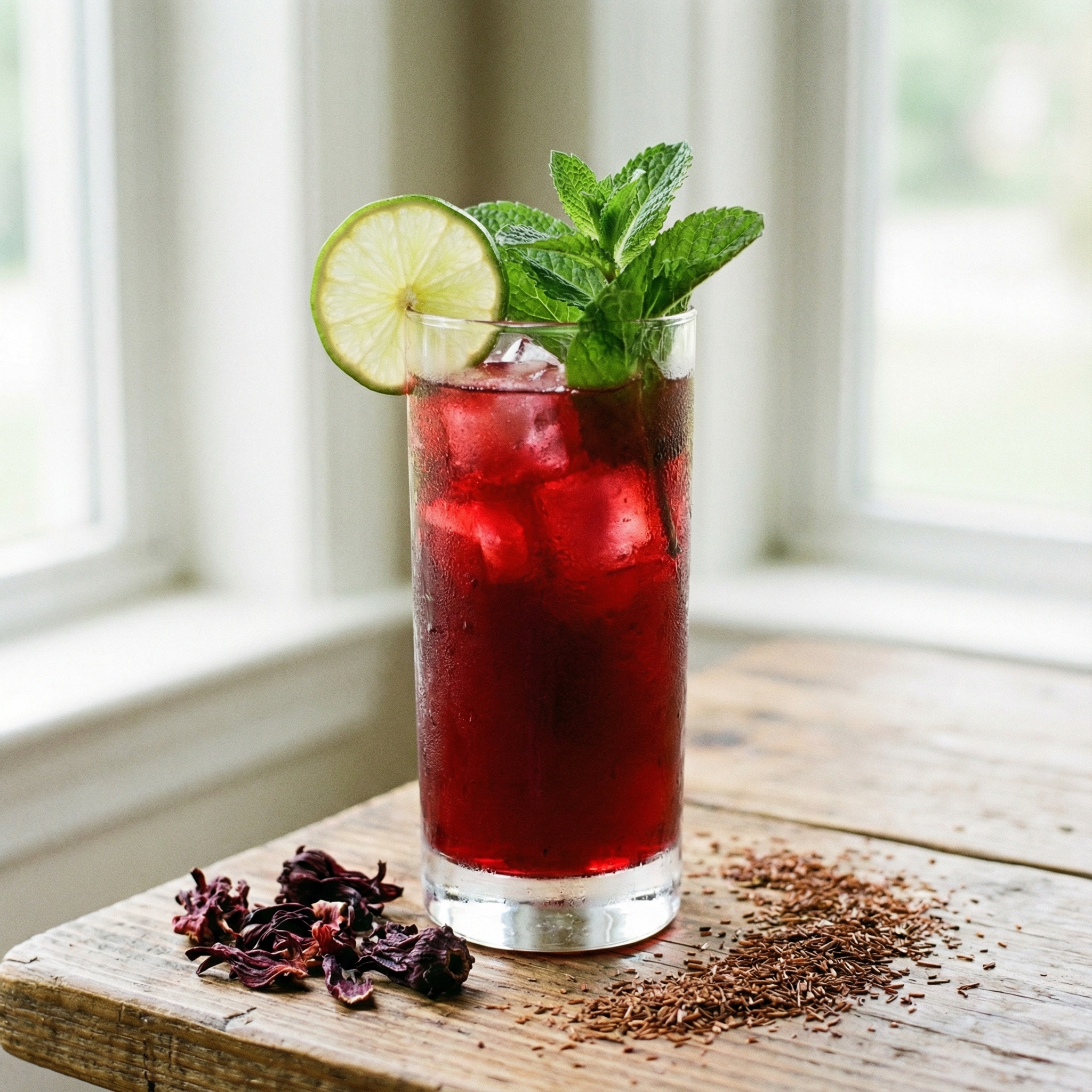 Tall glass of deep ruby-red rooibos and hibiscus cooler over ice, lime wheel on the rim, sprig of fresh mint, condensation on glass, wooden table, soft natural daylight.