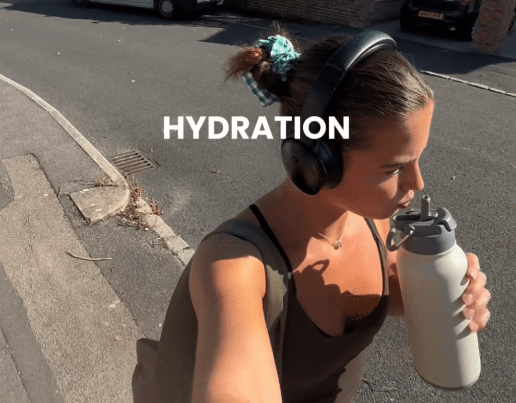 A girl drinking from a water bottle with the words hydration across.