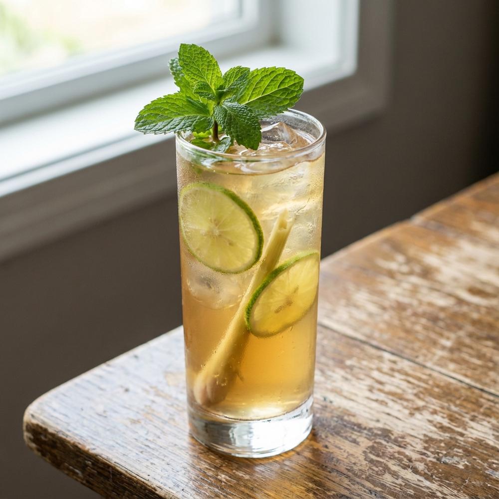 Photorealistic single-glass shot: tall chilled glass of pale amber iced tea with condensation, visible thin lime slices and crushed lemongrass stalk, a sprig of fresh mint on top, ice cubes, rustic wooden table, soft natural light