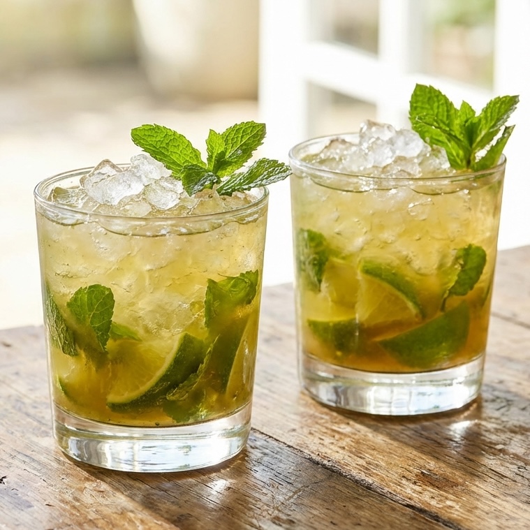 Two short glasses of caipirinha mocktail on a wooden surface, crushed ice, muddled lime wedges and mint sprigs, bright natural light, shallow depth of field.