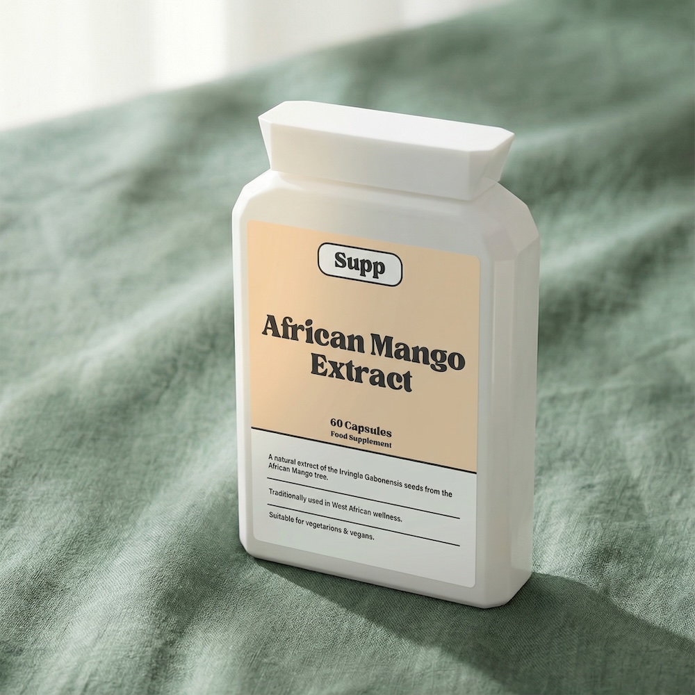 Supp African Mango Extract stood against a sage green cloth.