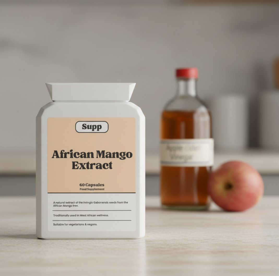 African Mango vs Apple Cider Vinegar African Mango Supplement bottle in foreground with apple cider vinegar in background