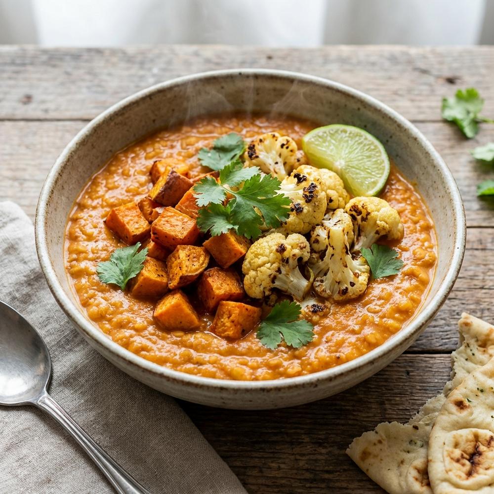 A bowl of creamy orange-red lentil dahl topped with roasted sweet potato cubes and cauliflower florets, garnished with fresh coriander and a lime wedge, on a wooden table, photorealistic