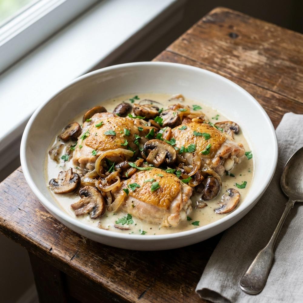 Photorealistic single-dish render of a shallow white bowl holding a one-pan creamy mushroom chicken fricassee: golden-browned boneless chicken thighs in a silky pale cream sauce with sautéed mixed mushrooms, caramelised onion slices and chopped fresh parsley scattered on top, set on a rustic wooden table with soft natural light