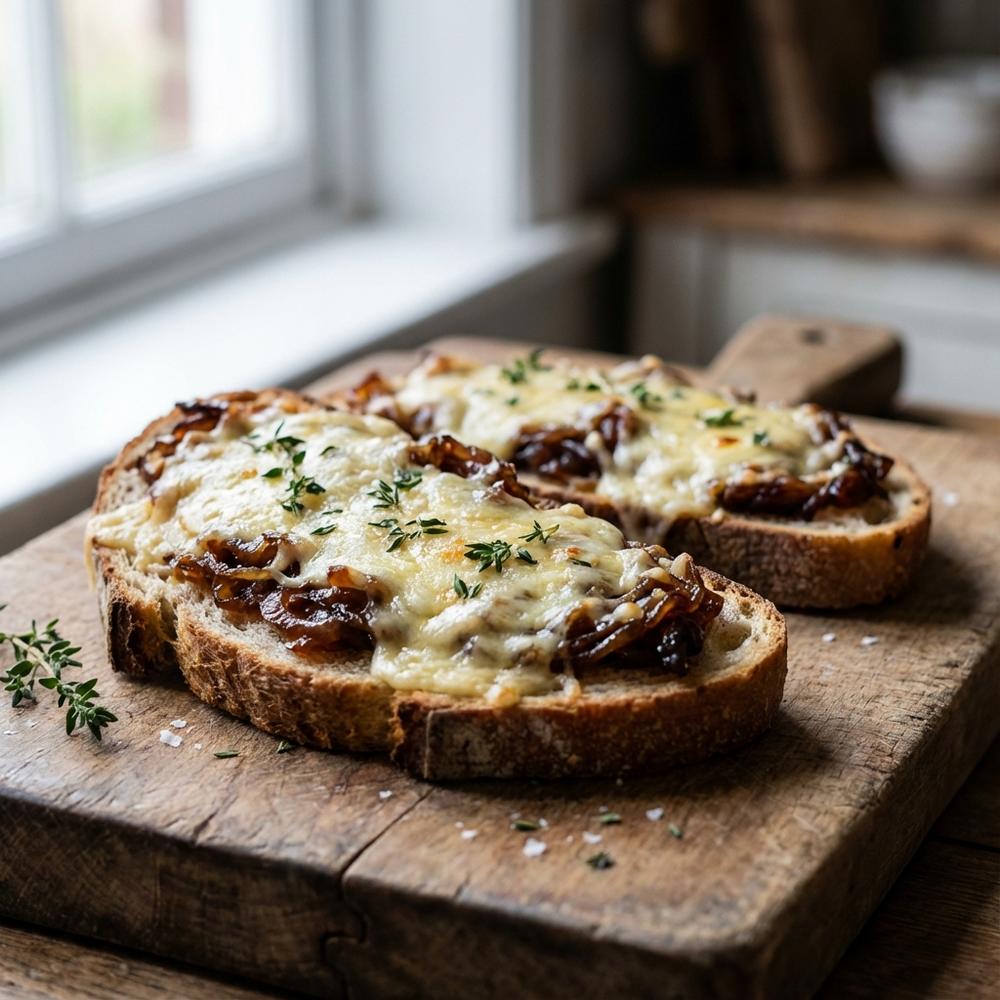 Close-up of two French onion Gruyère toasts on a wooden board, caramelised onions glistening, melted golden Gruyère, fresh thyme sprigs, rustic sourdough slices, soft natural light, shallow depth of field