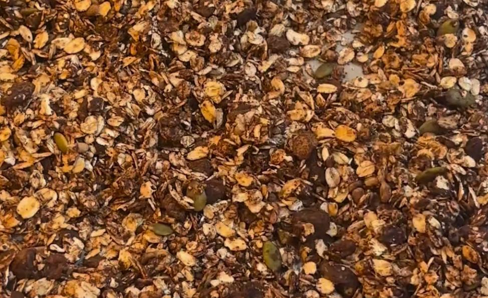 Homemade granola spread out on a baking tray.