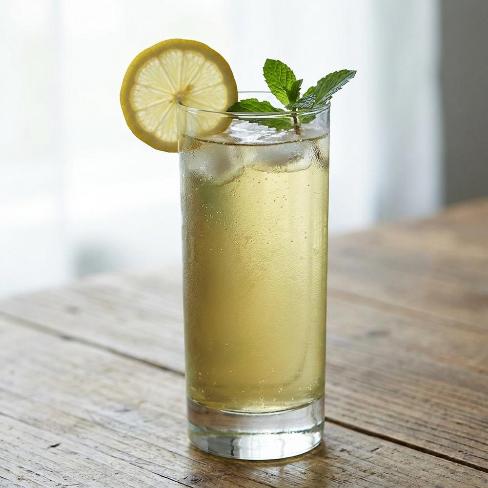 Single tall glass of pale golden-green fizzy drink with thin lemon slice on the rim, floating ice and a sprig of mint, condensation on the glass, wooden table surface, soft natural daylight