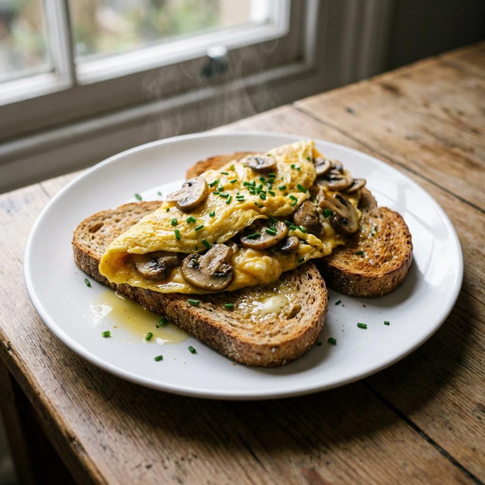 Photorealistic single-plate of scrambled eggs folded with sliced sautéed mushrooms, lightly glossy from butter, scattered chopped chives, served on two slices of toasted wholemeal bread on a simple white plate, natural morning light, shallow depth of field