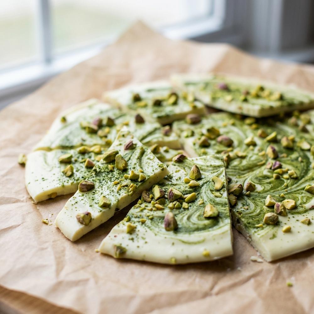 Close-up photorealistic shot of irregular shards of white chocolate bark swirled with vivid green matcha, scattered with chopped pistachios on parchment paper, soft natural light, shallow depth of field