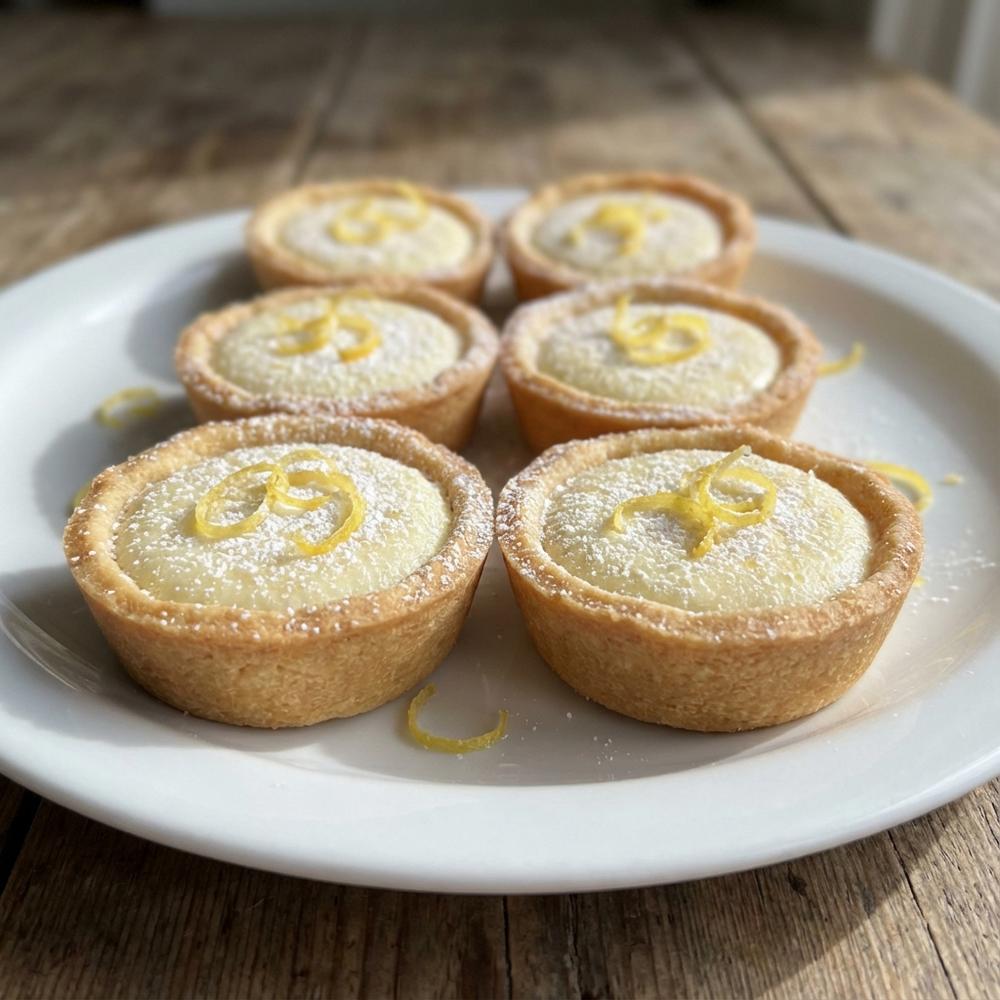 Close-up of eight mini lemon ricotta tartlets in golden shortcrust pastry cases, creamy pale-yellow filling, dusted lightly with icing sugar and finished with fine lemon zest, arranged on a white plate, natural light, shallow depth of field