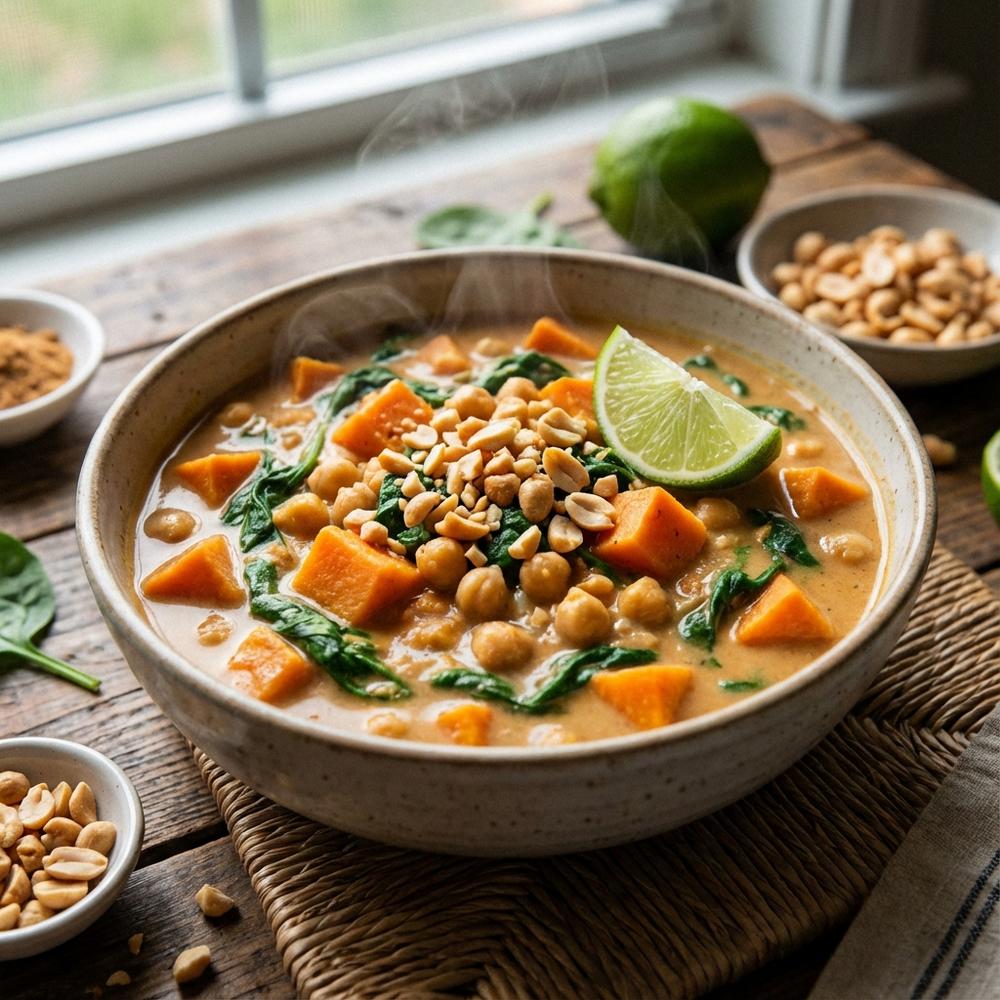 A steaming bowl of creamy West African peanut stew with orange sweet potato chunks, chickpeas and wilted spinach, garnished with chopped peanuts and a lime wedge, on a rustic wooden table, natural light, photorealistic