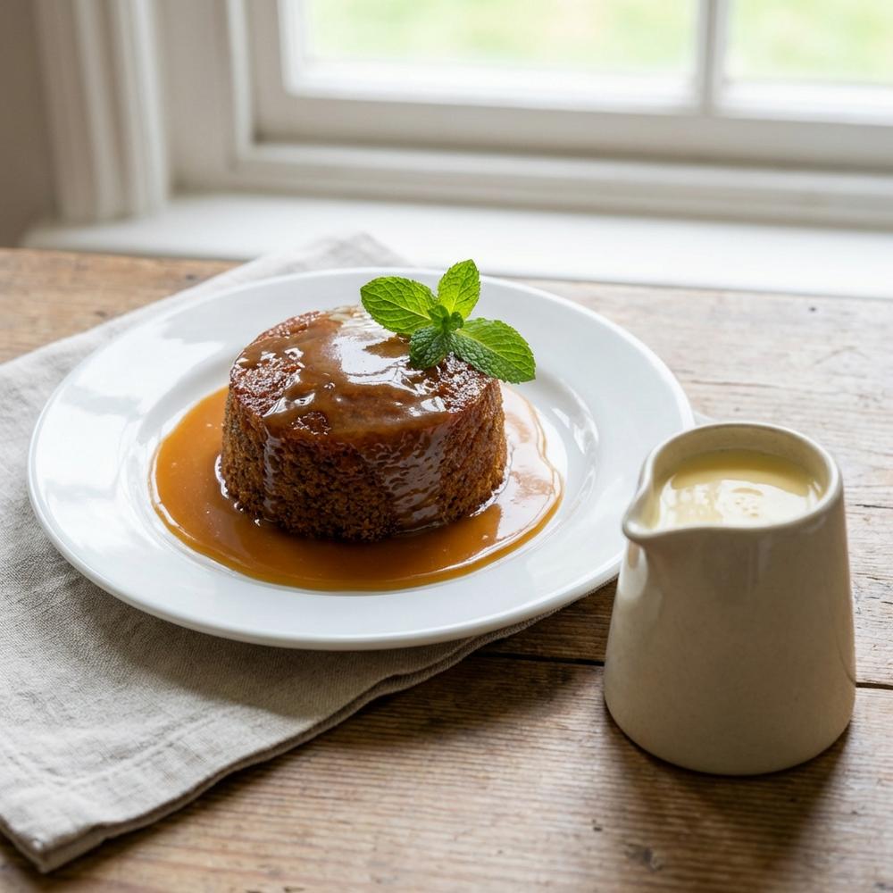Single portion of sticky toffee pudding on a white dessert plate, warm glossy toffee sauce pooled around the cake, a small jug of pouring vanilla custard and a sprig of mint, soft natural lighting, photorealistic