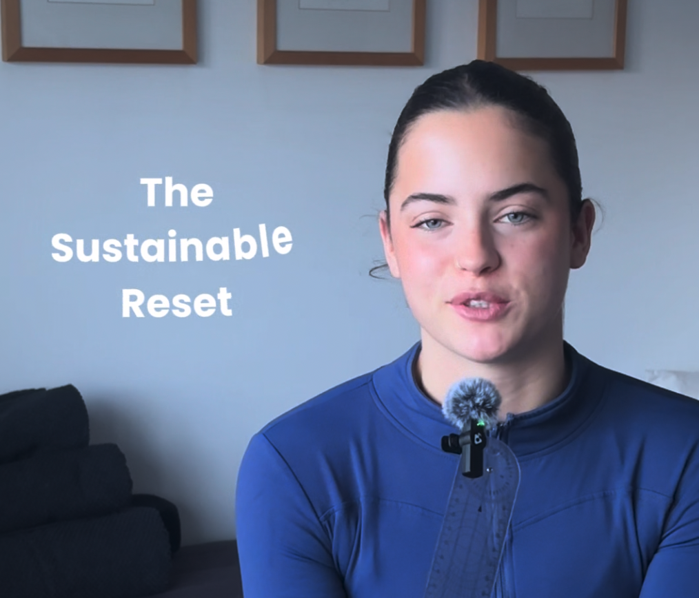 The Sustainable Reset with Maddie A girl holding a mini microphone with heading the sustainable reset