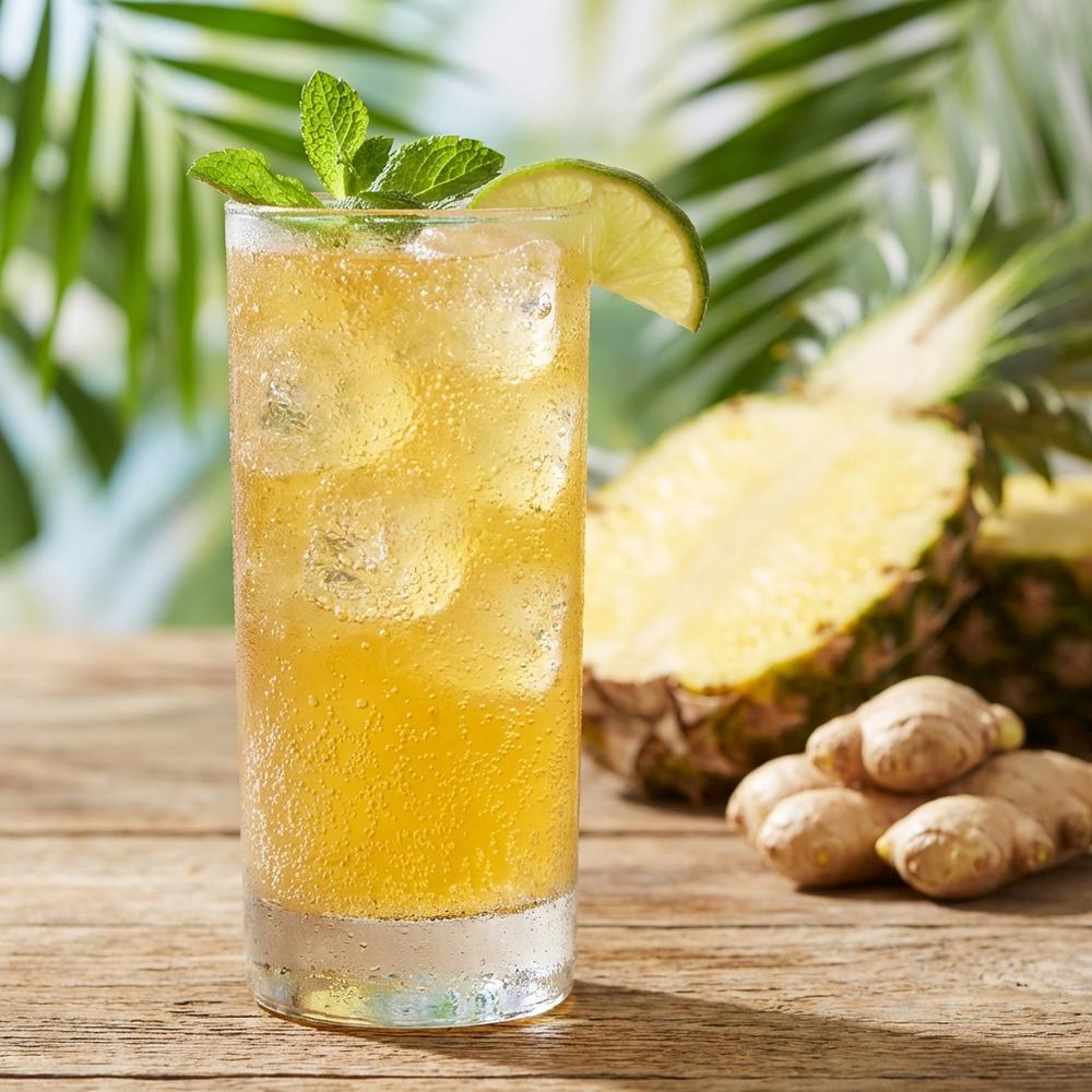 A tall glass of bright golden pineapple cooler with tiny bubbles, lime wedge on the rim, mint sprig garnish, condensation on the glass, ice cubes visible, tropical background with a halved pineapple and a small pile of fresh ginger, photorealistic, natural daylight