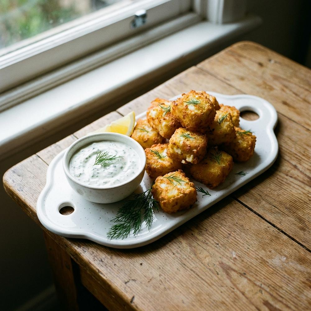 Close-up photorealistic image of golden, crispy potato and feta bites arranged on a white serving plate with a small bowl of creamy dill yoghurt dip; garnished with fresh dill sprigs and lemon wedge on a rustic wooden table in natural window light
