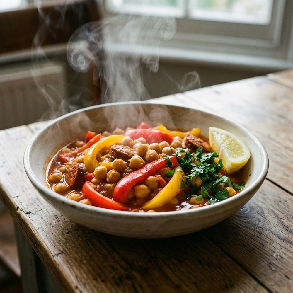 Close-up photorealistic shot of a steaming one-pot Spanish chickpea and pepper stew in a shallow ceramic bowl, bright red and yellow peppers visible, sprinkled with chopped parsley and a lemon wedge on the side, rustic wooden table, natural daylight
