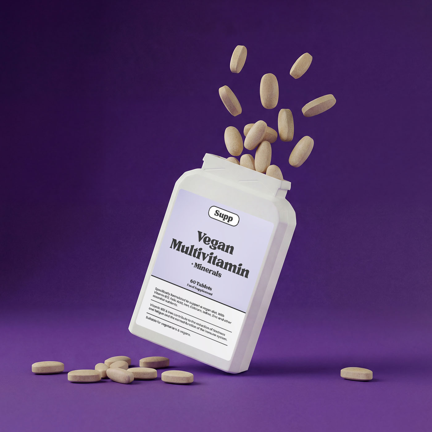 Supp Montmorency Cherry Extract laid on marble table with capsules next to it