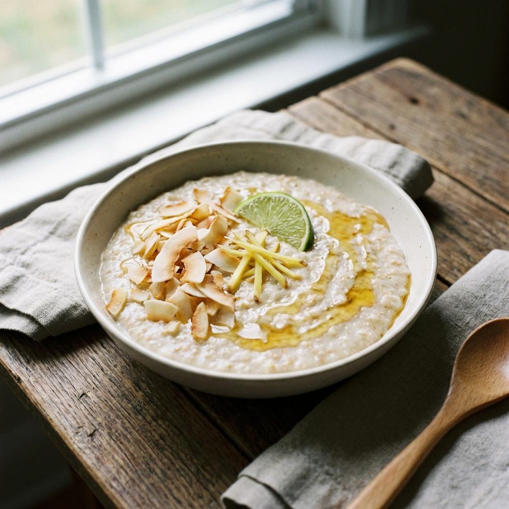 Creamy bowl of coconut porridge topped with toasted coconut flakes, a lime wedge, thin ginger ribbons and a honey drizzle, wooden table, natural morning light, shallow depth of field