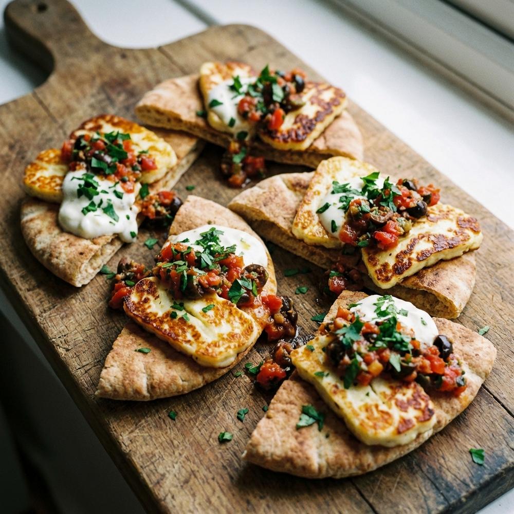 Close-up photorealistic image of four toasted pita halves topped with golden crispy halloumi slices, dollops of lemon yoghurt and vibrant tomato-and-black-olive tapenade, garnished with chopped parsley on a rustic wooden board