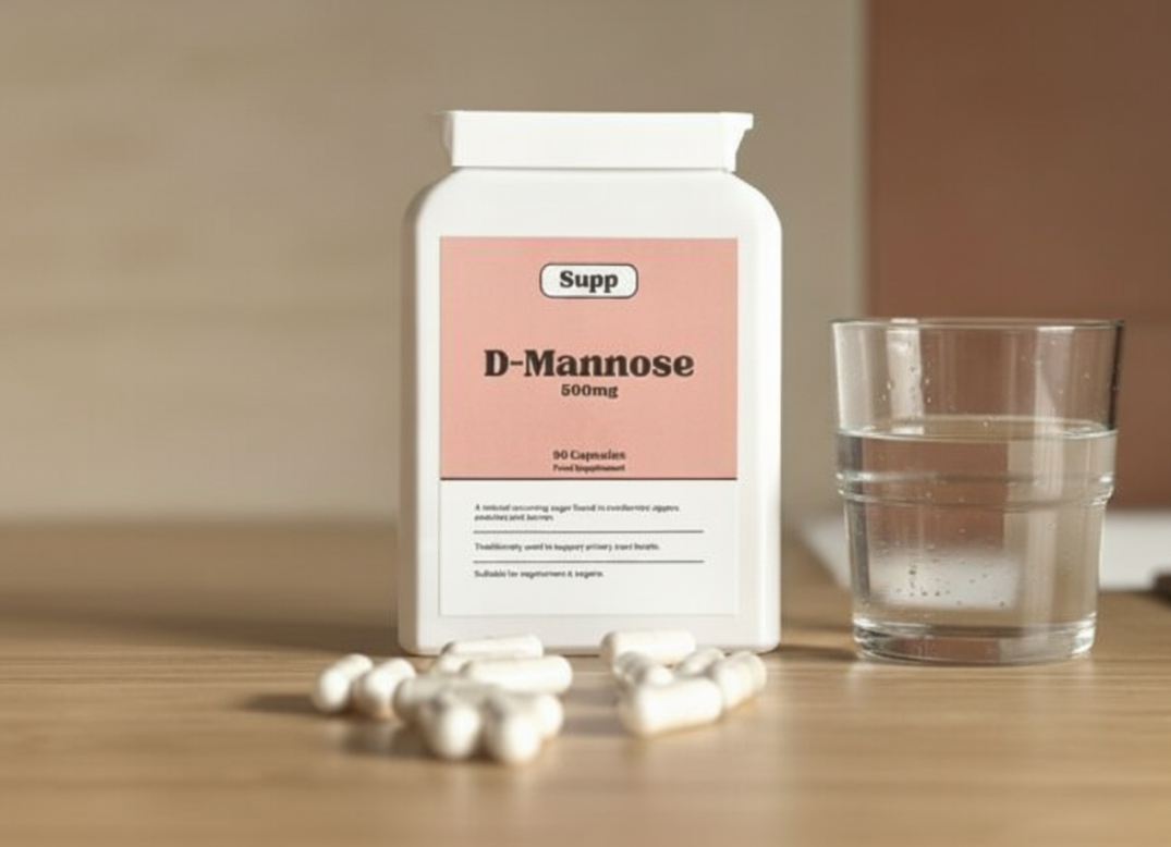 D-Mannose Supplement for UTI Prevention D-Mannose Supplement for UTI Prevention. supplement bottle with capsules in front next to a glass of water.