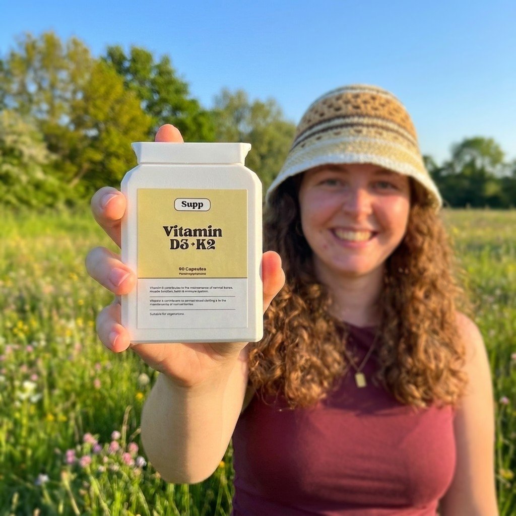 Biomedical Scientist Liv holding a bottle of Vitamin D + K2 supplement capsules in a field with sun out and flowers blooming in spring.